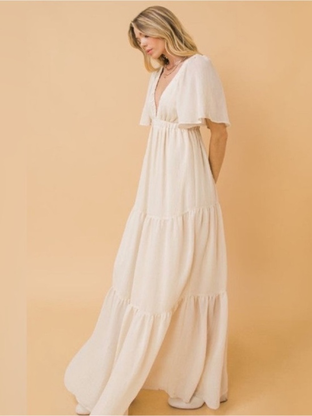Flying Tomato Cream Tiered Maxi Dress - Elegant V-Neck